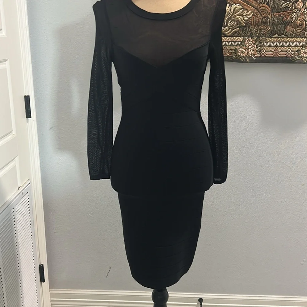 Bebe Black Mummy Bandage Body Hugger Dress. Sheer Mesh Top. Full Back Zip. SizeM - Picture 3 of 16